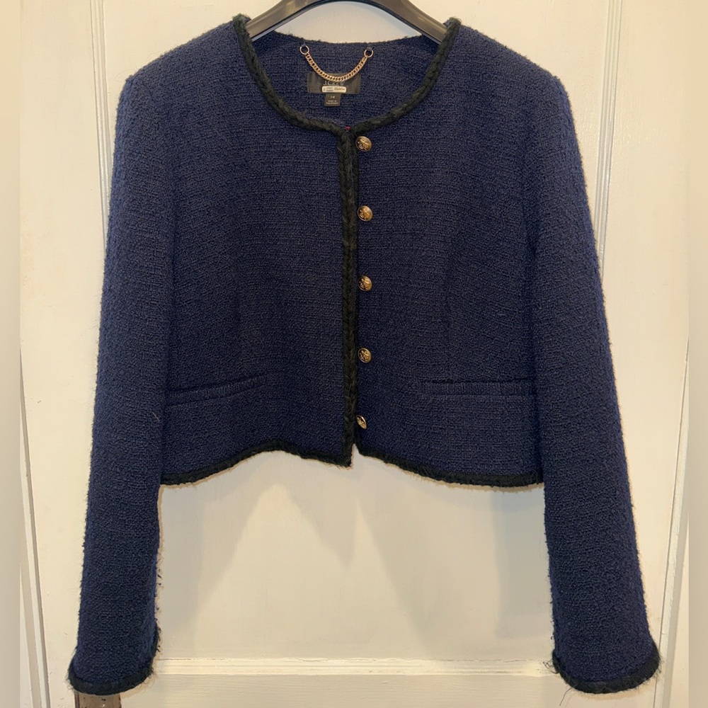 J. Crew Louisa Lady Jacket in Maritime Tweed Navy w/Black Trim & Gold Buttons 14